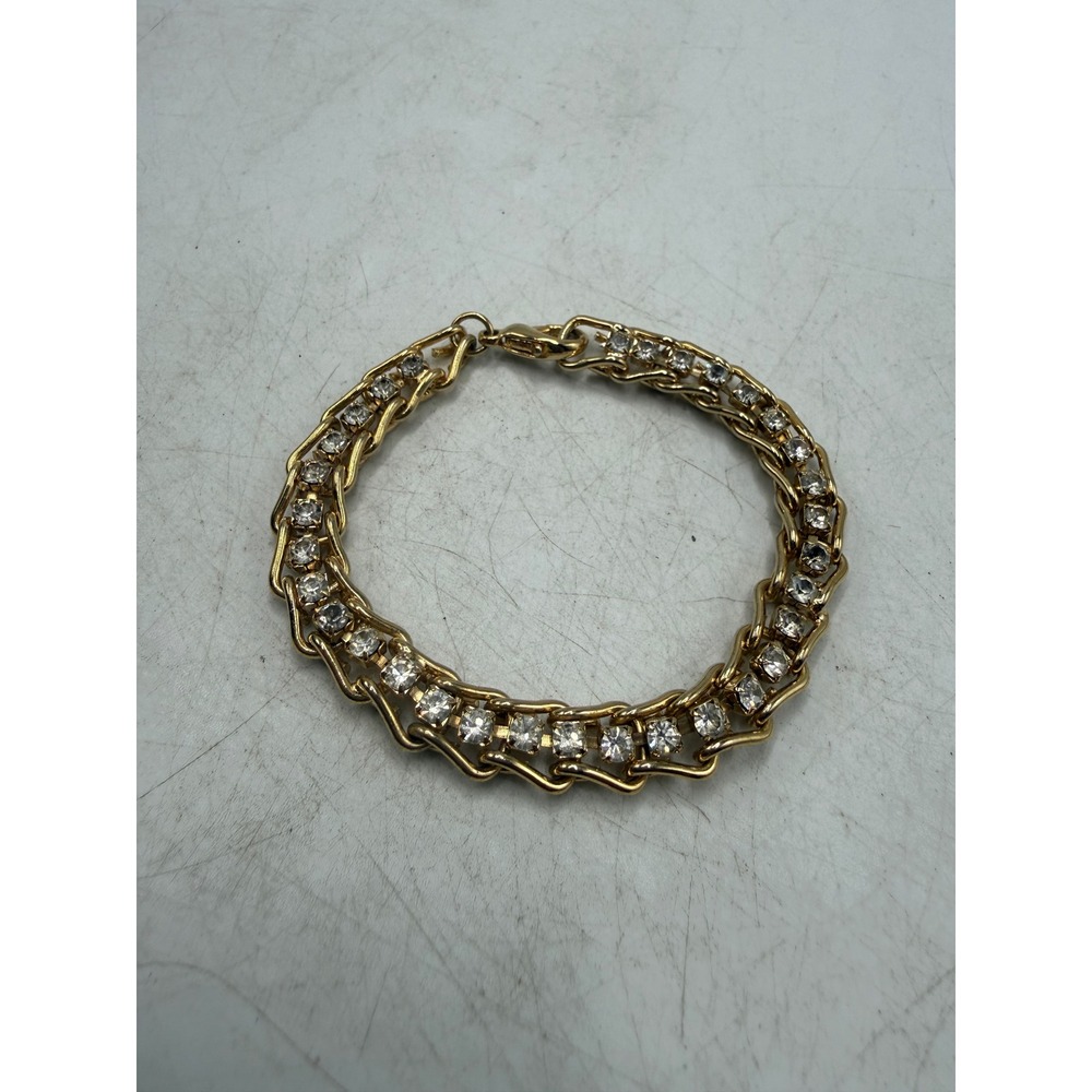 Vintage Gold Tone Rhinestone Link Bracelet Clear Crystal Lobster Clasp 7.25"
